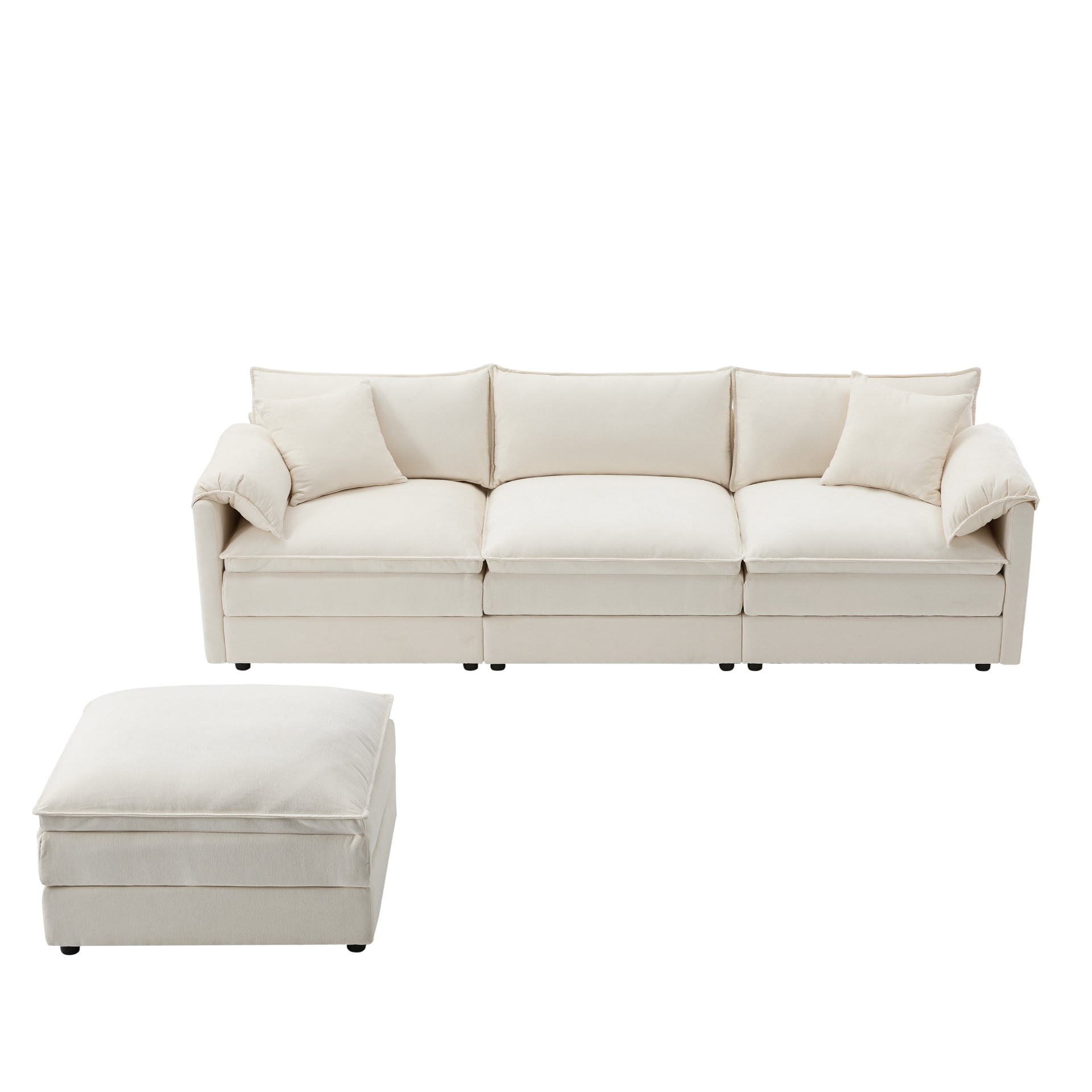 Cream and dark gray chenille sectional sofa with ottoman and modular layout, stylish furniture for living room and lounge spaces.