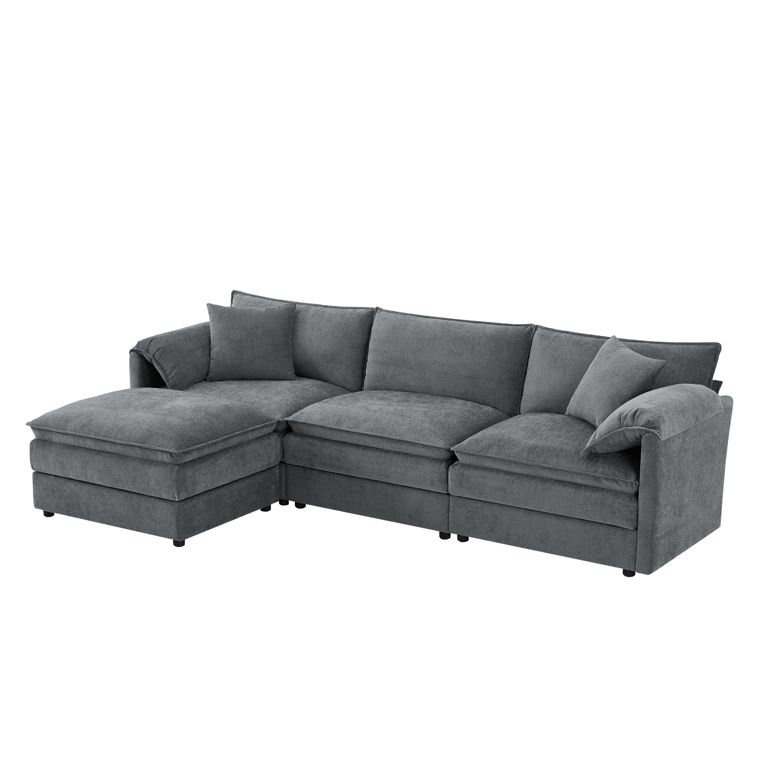 Cream and dark gray chenille sectional sofa with ottoman, modular layout, ideal for living room and lounge spaces by Start2Finish.