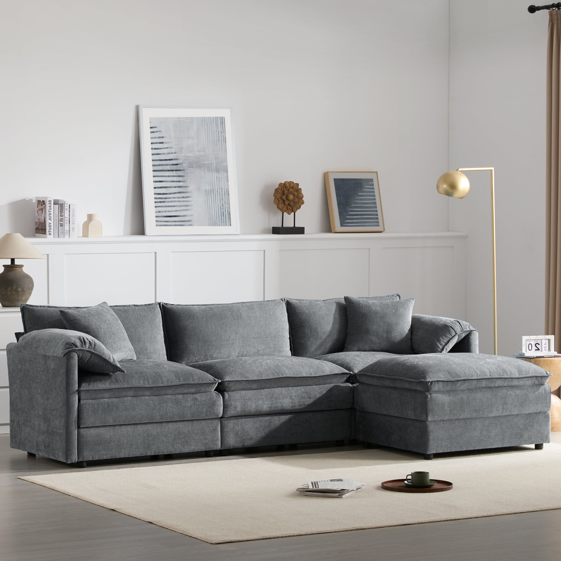 Cream and dark gray chenille sectional sofa with ottoman, modular layout, ideal for living room and lounge spaces.