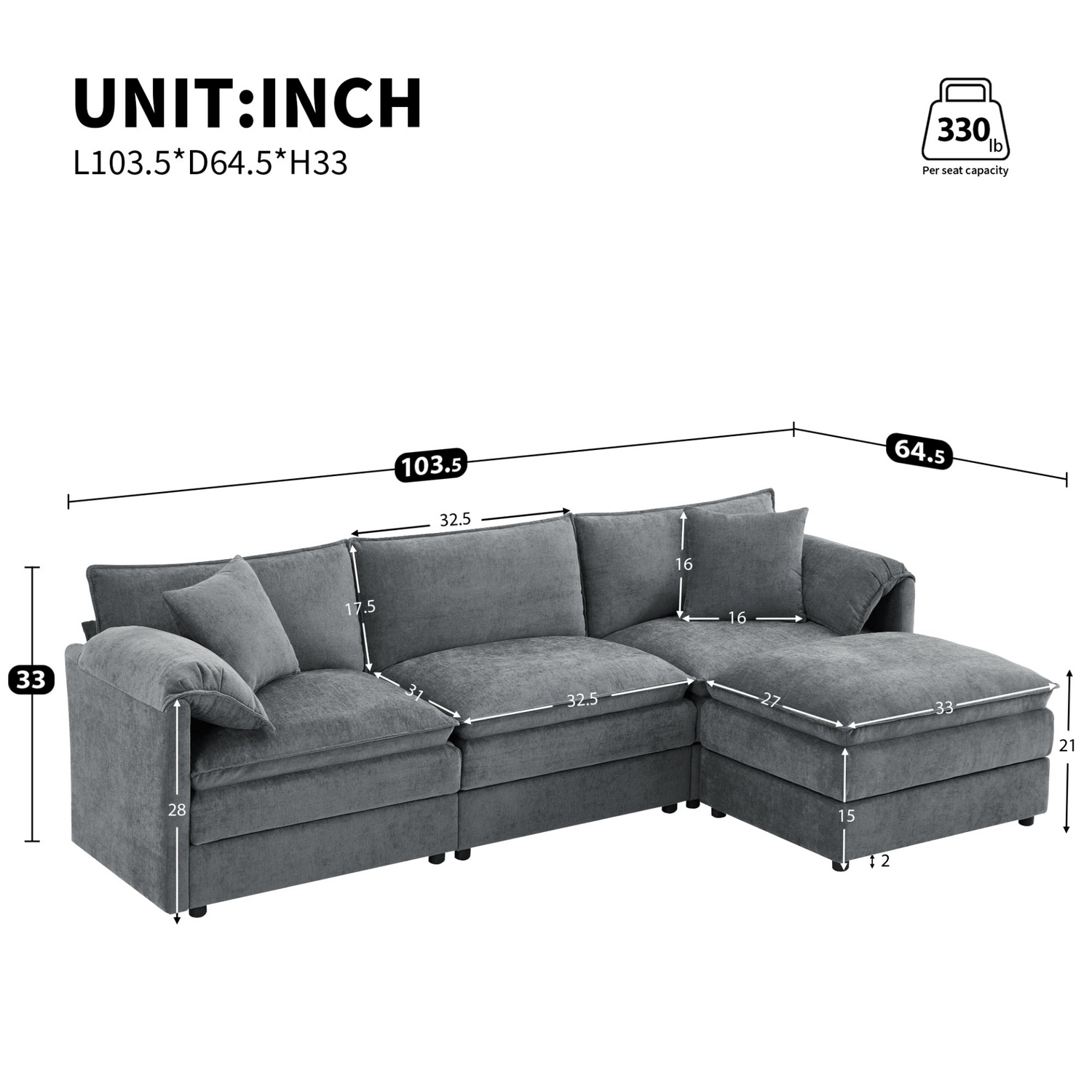 Cream and dark gray chenille sectional sofa with ottoman and modular layout, ideal for living rooms and lounge spaces.