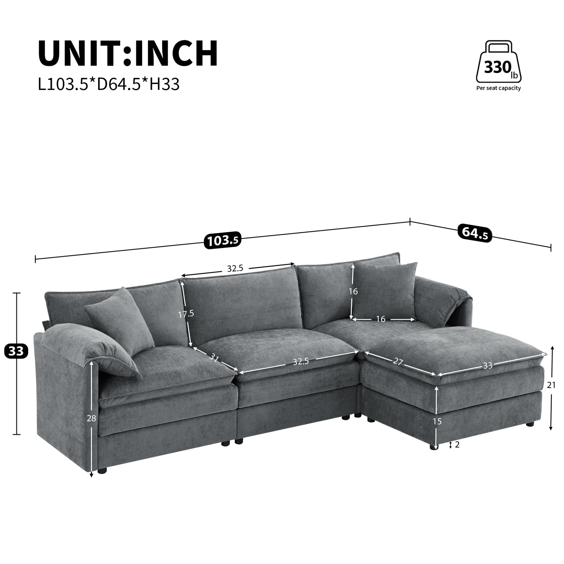 Cream and dark gray chenille sectional sofa with ottoman and modular layout, ideal for living rooms and lounge spaces.