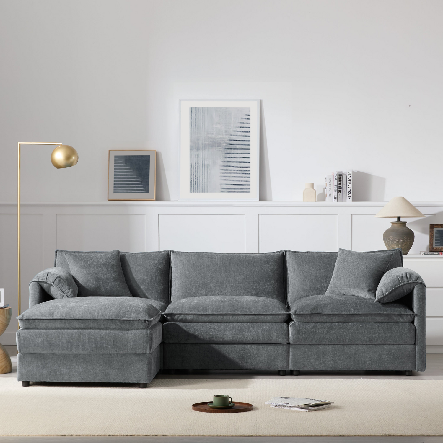 Cream and dark gray chenille sectional sofa with ottoman and modular layout, ideal for living room and lounge spaces, by Start2Finish.