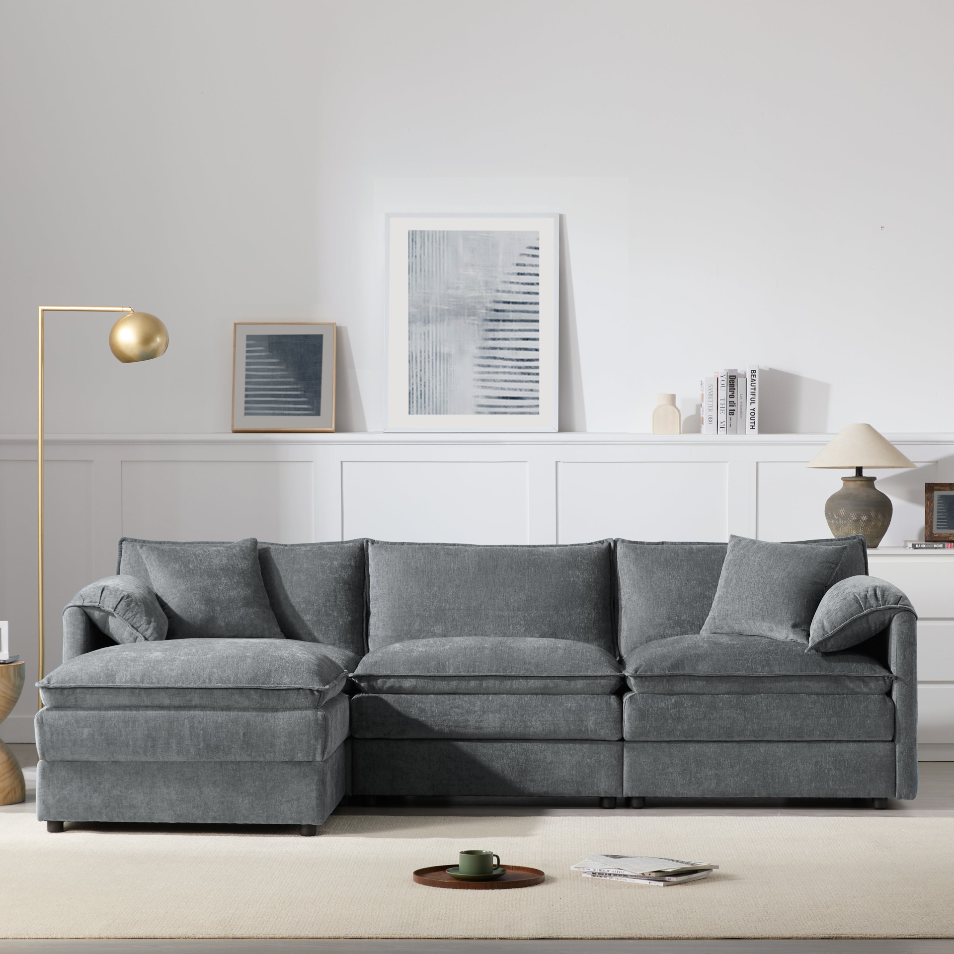 Cream and dark gray chenille sectional sofa with ottoman and modular layout, ideal for living room and lounge spaces, by Start2Finish.