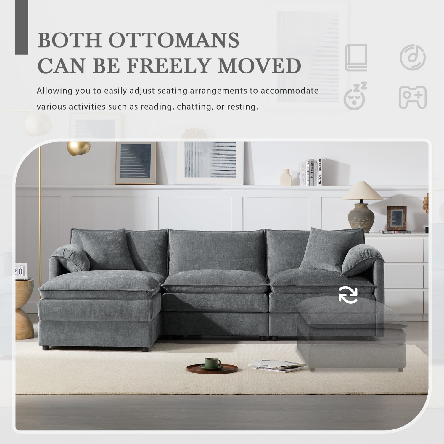 Cream and dark gray chenille sectional sofa with ottoman and modular layout for living room or lounge spaces, by Start2Finish furniture.
