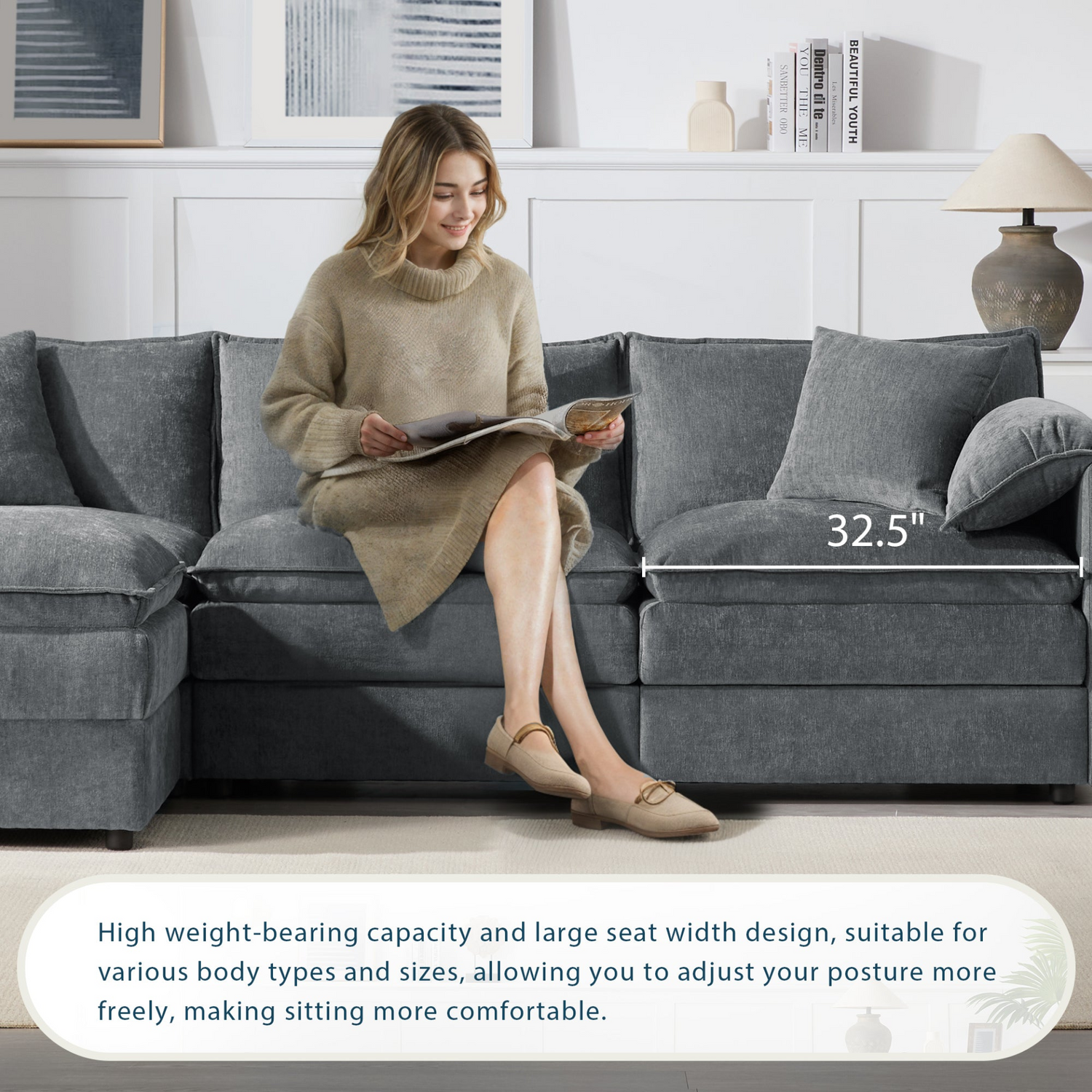 Cream and dark gray chenille sectional sofa with ottoman, modular layout, and contemporary design for living room or lounge spaces.