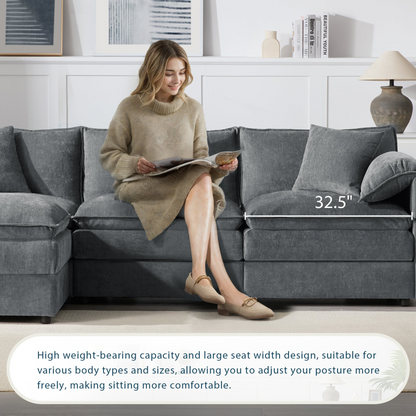 Cream and dark gray chenille sectional sofa with ottoman, modular layout, and contemporary design for living room or lounge spaces.