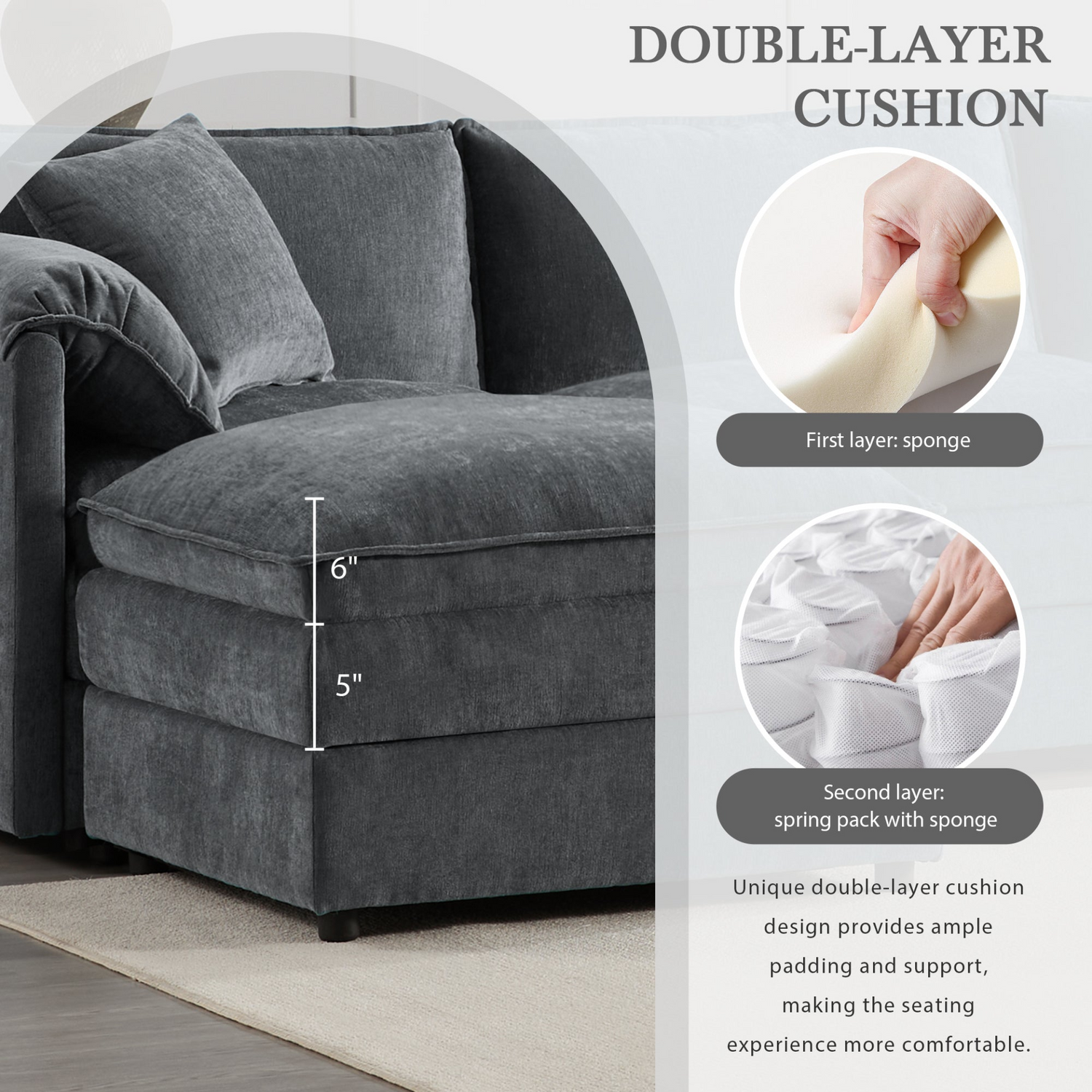 Start2Finish sectional sofa in cream and dark gray chenille with ottoman, modular design for living room or lounge space.