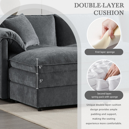 Start2Finish sectional sofa in cream and dark gray chenille with ottoman, modular design for living room or lounge space.