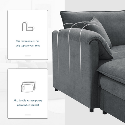 Cream and dark gray chenille sectional sofa with ottoman and modular design, perfect for living room and lounge spaces.