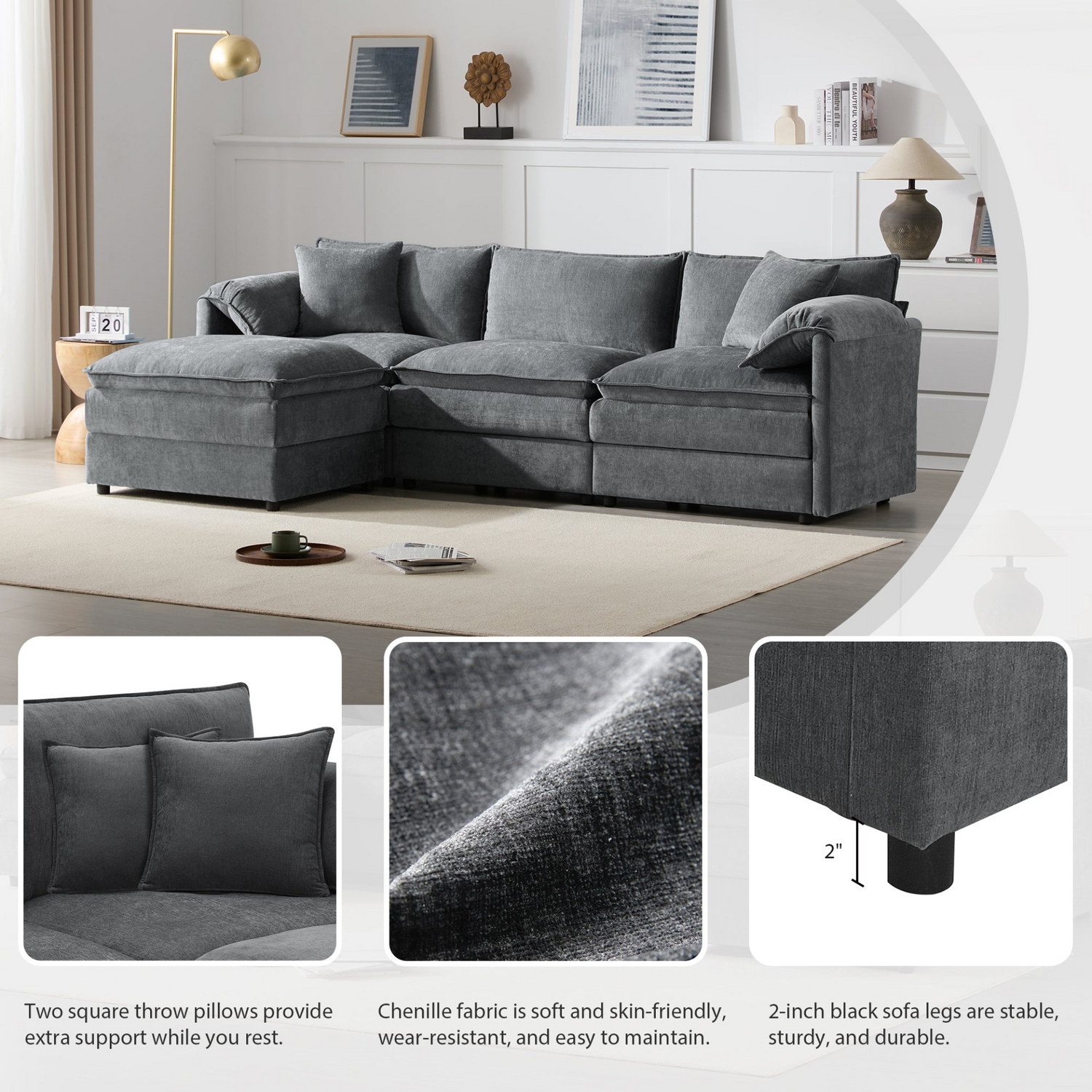 Cream and dark gray chenille sectional sofa with ottoman and modular layout, ideal for living room and lounge spaces.
