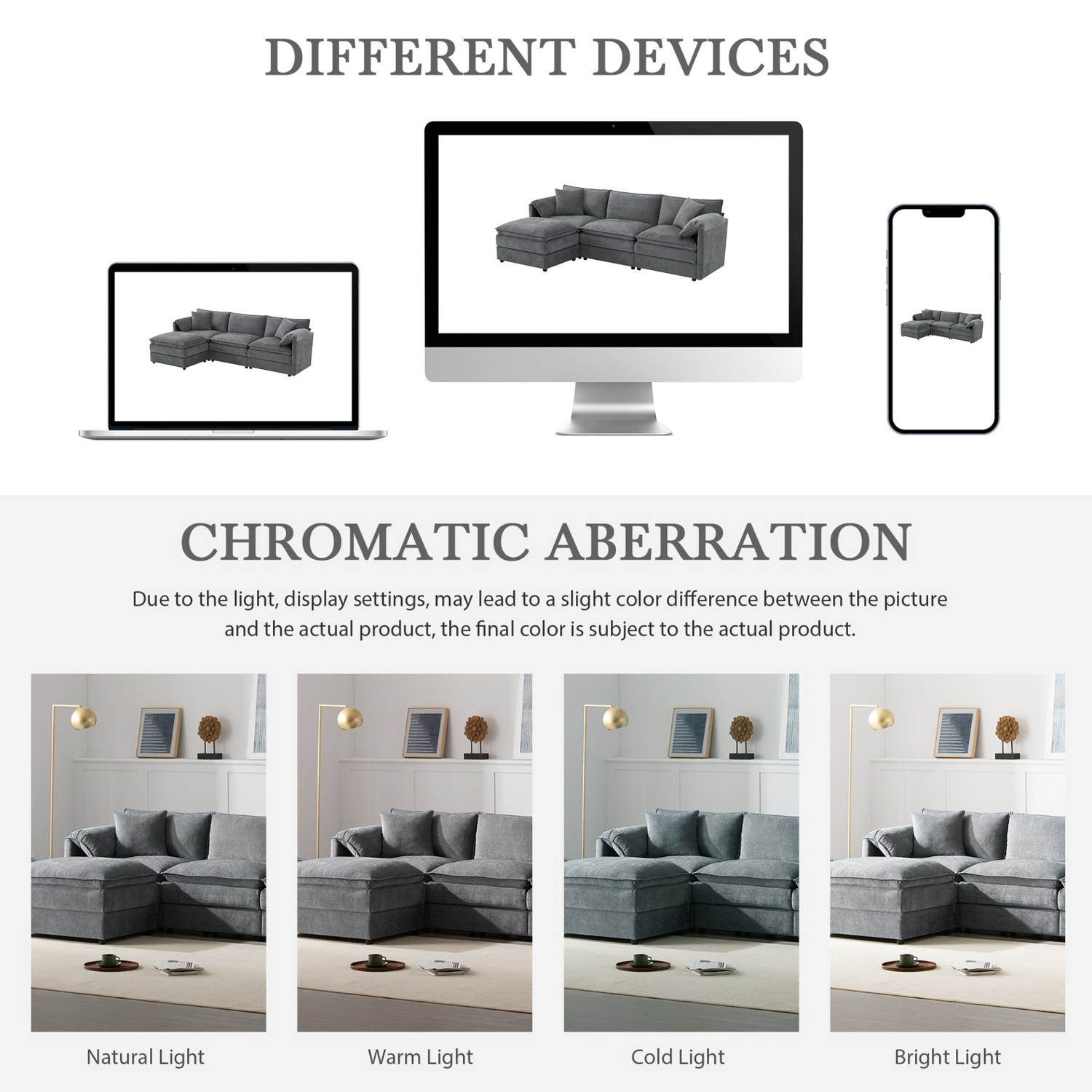 Cream and dark gray chenille sectional sofa with ottoman and modular layout, ideal for living rooms and lounge spaces.
