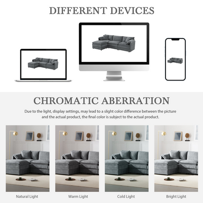 Cream and dark gray chenille sectional sofa with ottoman and modular layout, ideal for living rooms and lounge spaces.