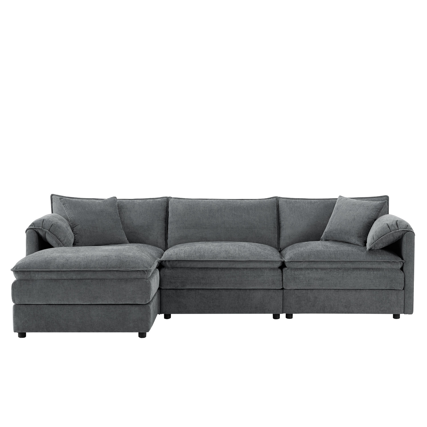 Cream and dark gray chenille sectional sofa with ottoman and modular layout, ideal for living rooms and lounge spaces.