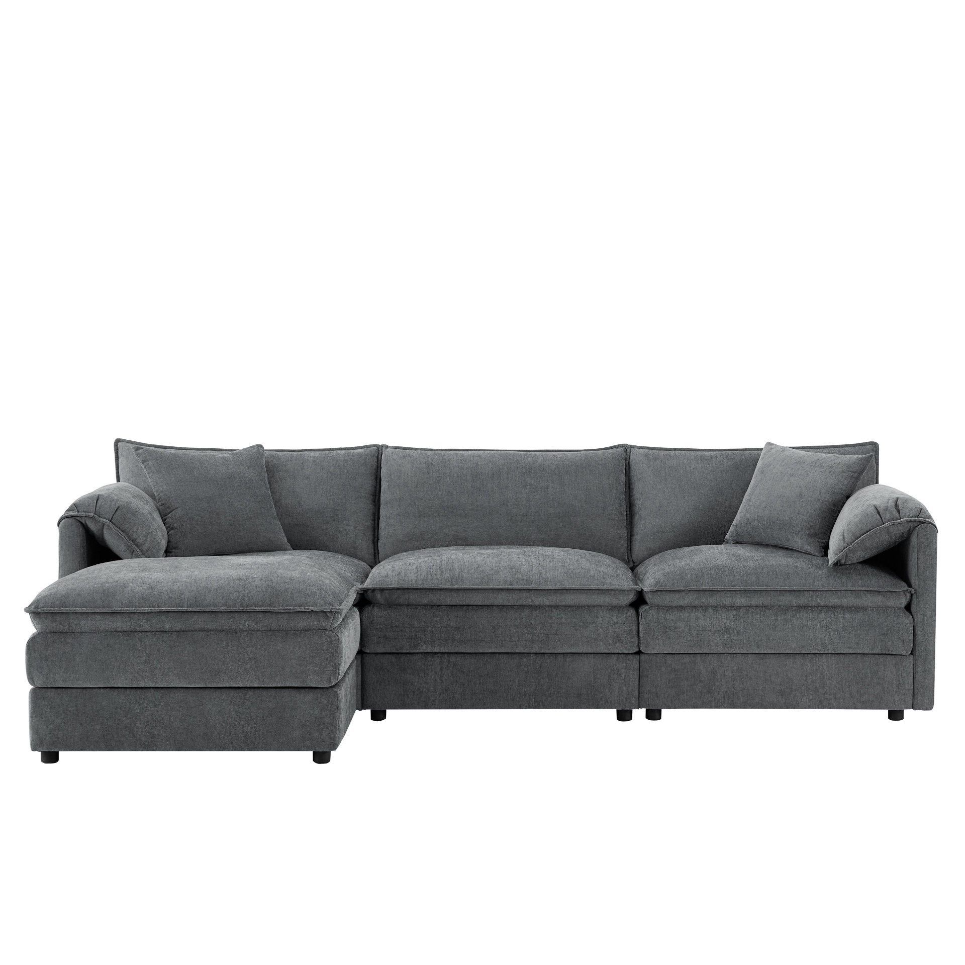 Cream and dark gray chenille sectional sofa with ottoman and modular layout, ideal for living rooms and lounge spaces.