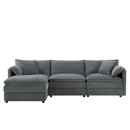 Cream and dark gray chenille sectional sofa with ottoman and modular layout, ideal for living rooms and lounge spaces.