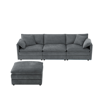 Cream and dark gray chenille sectional sofa with ottoman and modular layout for living room or lounge, by Start2Finish.