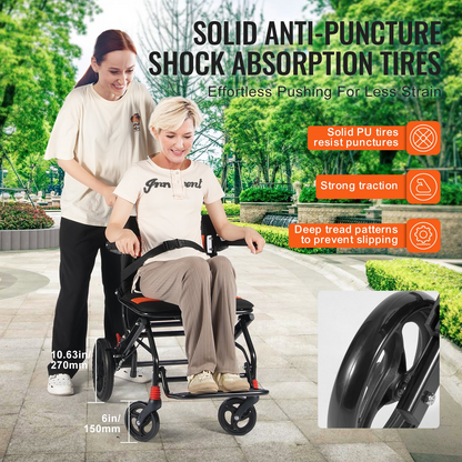 Start2Finish VEVOR lightweight aluminum wheelchair with foldable design, 18-inch seat, flip-back arms, and self-locking brakes.