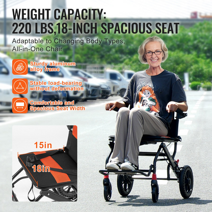 Start2Finish VEVOR lightweight aluminum wheelchair with 18-inch seat, flip-back arms, self-locking brakes, and 220lbs capacity.