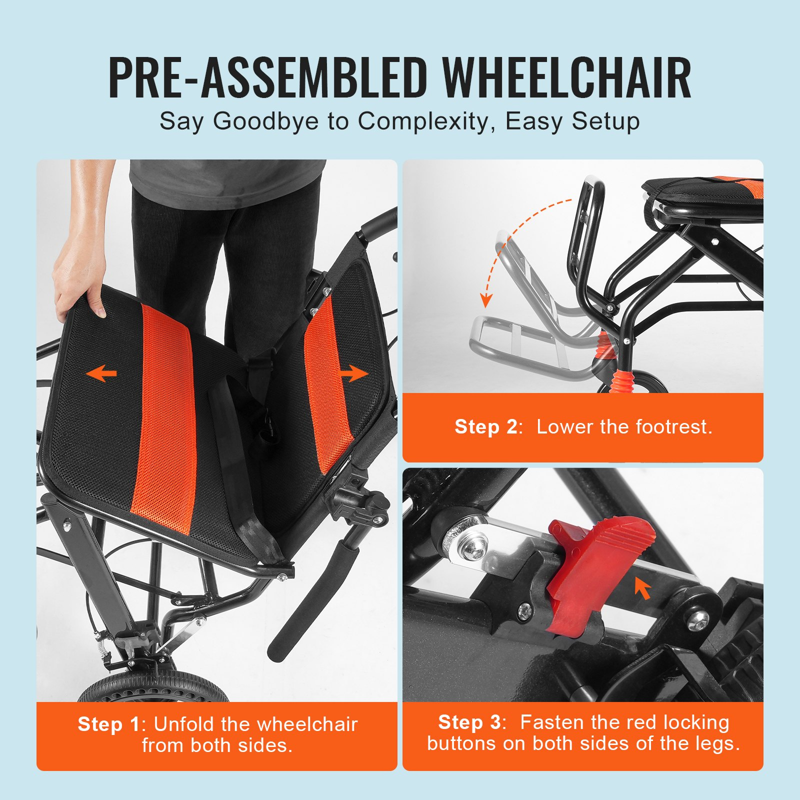 Start2Finish VEVOR lightweight aluminum wheelchair with 18-inch seat, flip-back arms, self-locking brakes, and 220lbs capacity.
