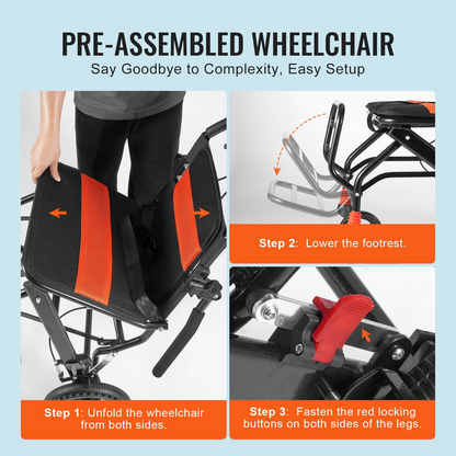 Start2Finish VEVOR lightweight aluminum wheelchair with 18-inch seat, flip-back arms, self-locking brakes, and 220lbs capacity.