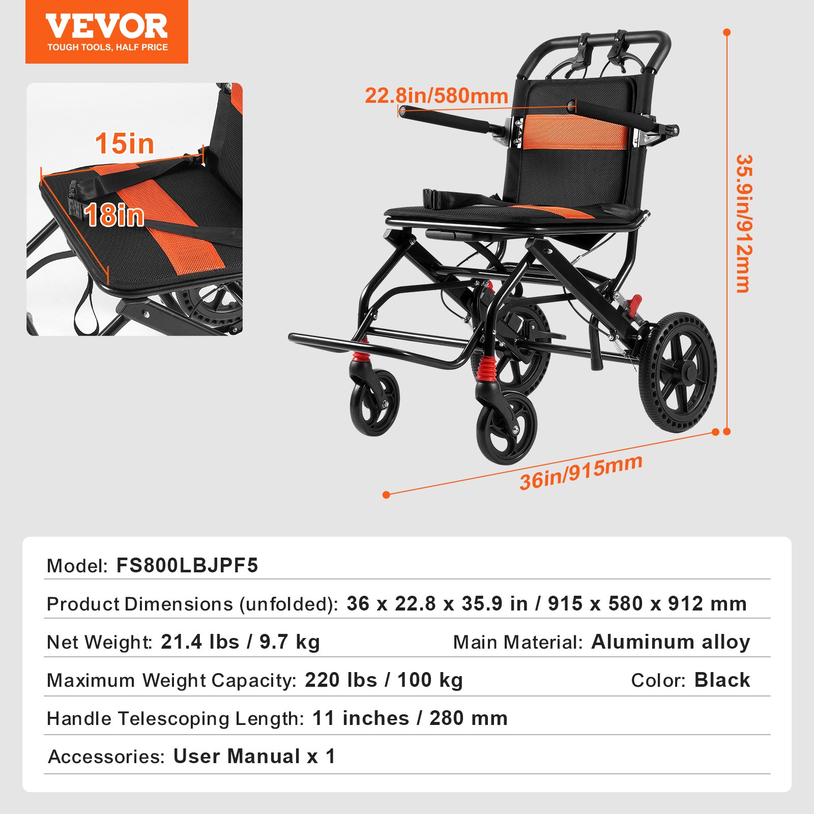 Start2Finish VEVOR lightweight aluminum wheelchair with 18-inch seat, foldable design, flip-back arms, and self-locking brakes.
