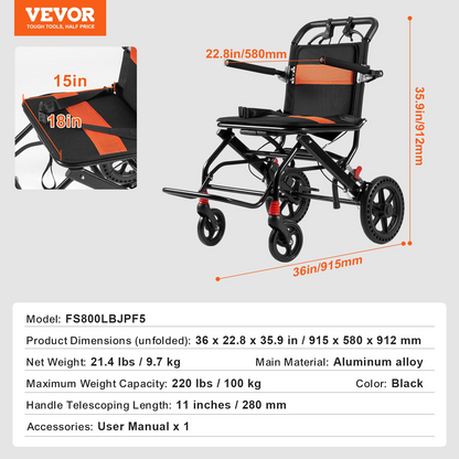 Start2Finish VEVOR lightweight aluminum wheelchair with 18-inch seat, foldable design, flip-back arms, and self-locking brakes.