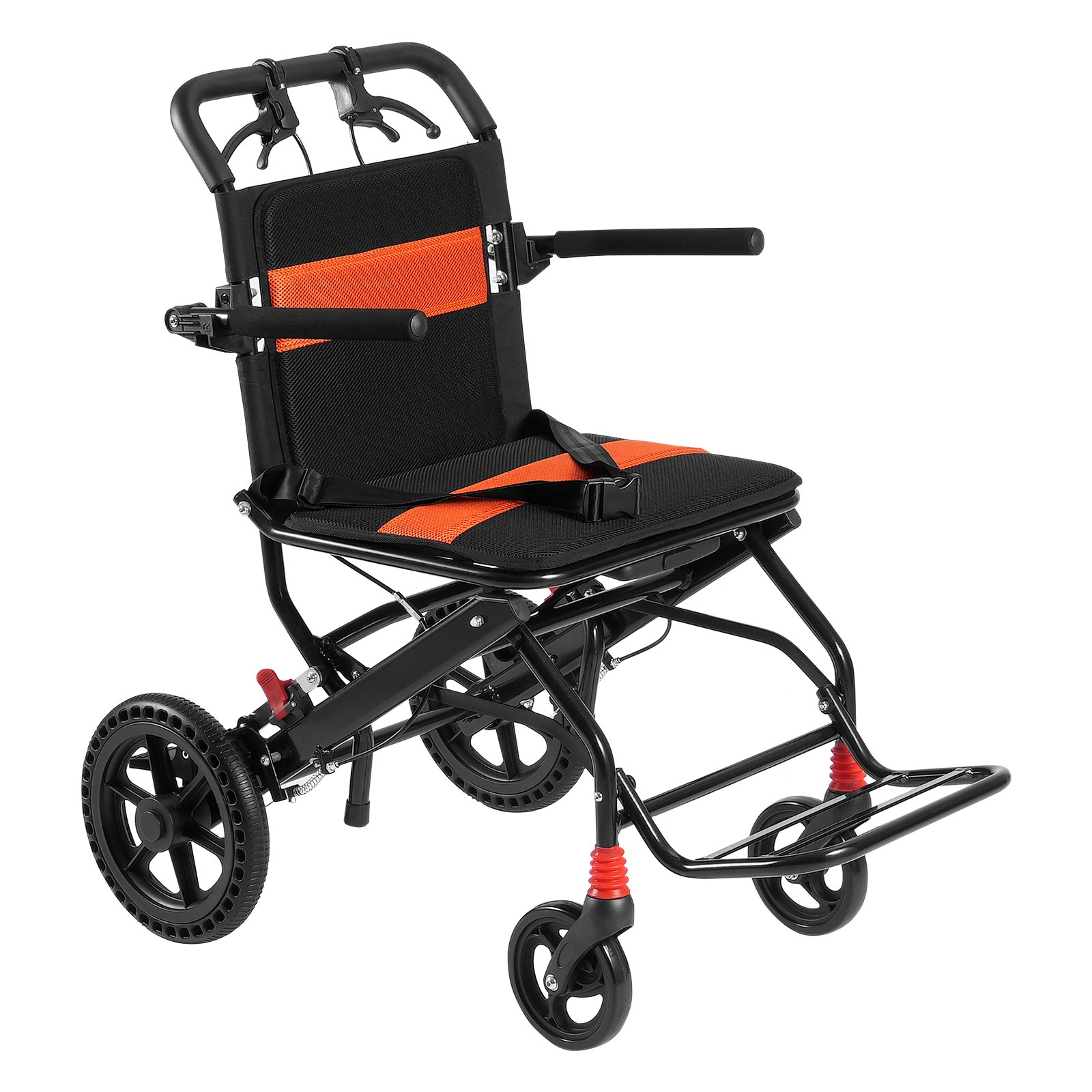 Lightweight aluminum alloy wheelchair with flip-back arms, self-locking brakes, 18-inch seat, and 220lbs capacity for adults.