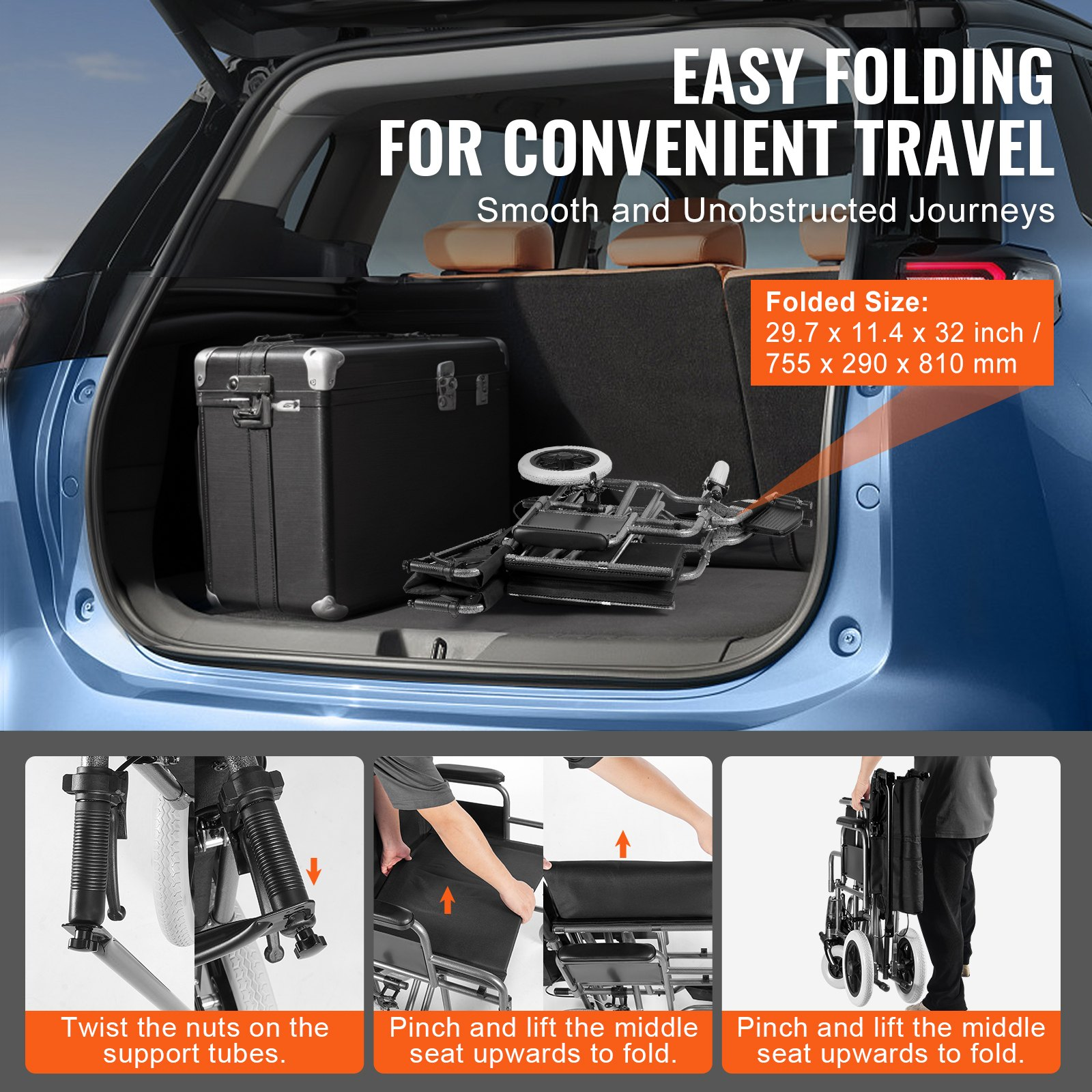 Start2Finish VEVOR foldable wheelchair with 24-inch seat, carbon steel frame, detachable armrests, self-locking brakes, for adults.