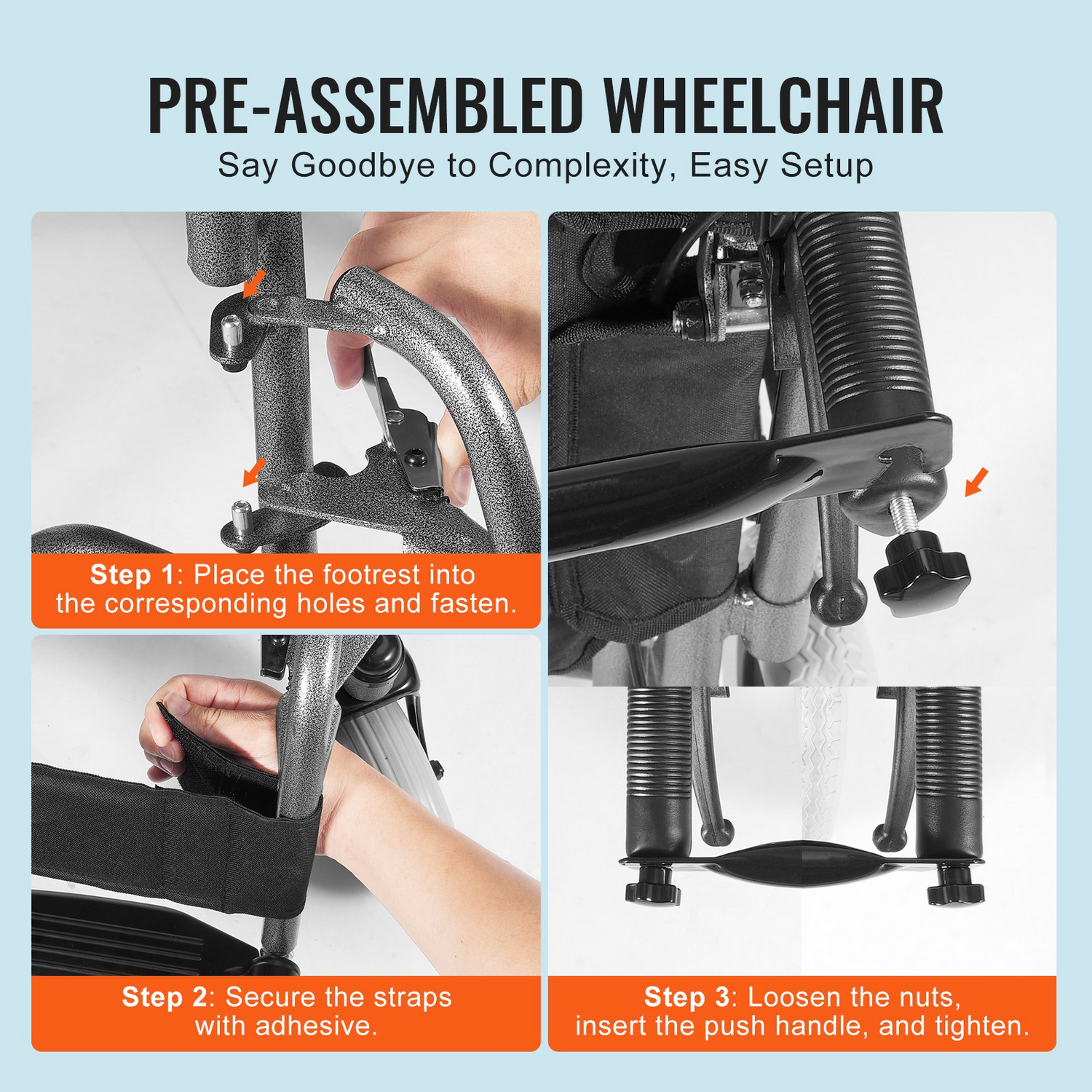 Start2Finish VEVOR foldable wheelchair with 24-inch seat, carbon steel frame, detachable armrests, self-locking brakes, and 300lb capacity.