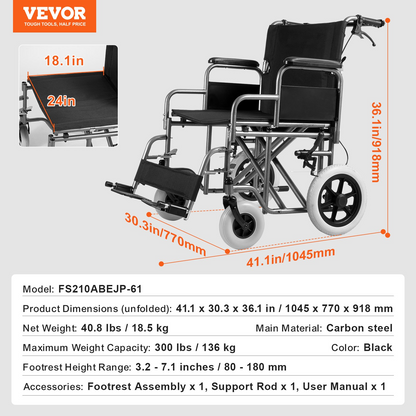 Start2Finish VEVOR foldable wheelchair with 24-inch seat, carbon steel frame, detachable arms, self-locking brakes, supports 300lbs.