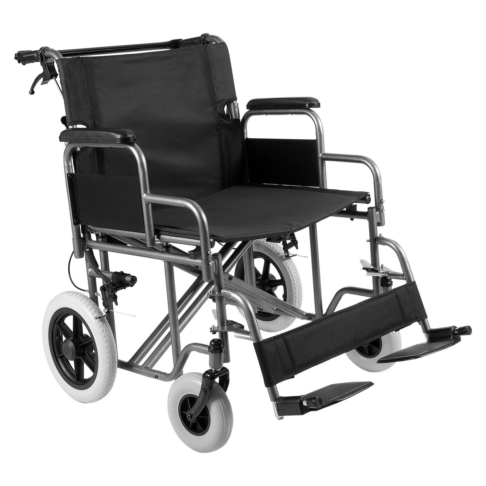 Start2Finish VEVOR foldable wheelchair with 24-inch seat, carbon steel frame, detachable armrests, self-locking brakes, and weight capacity.