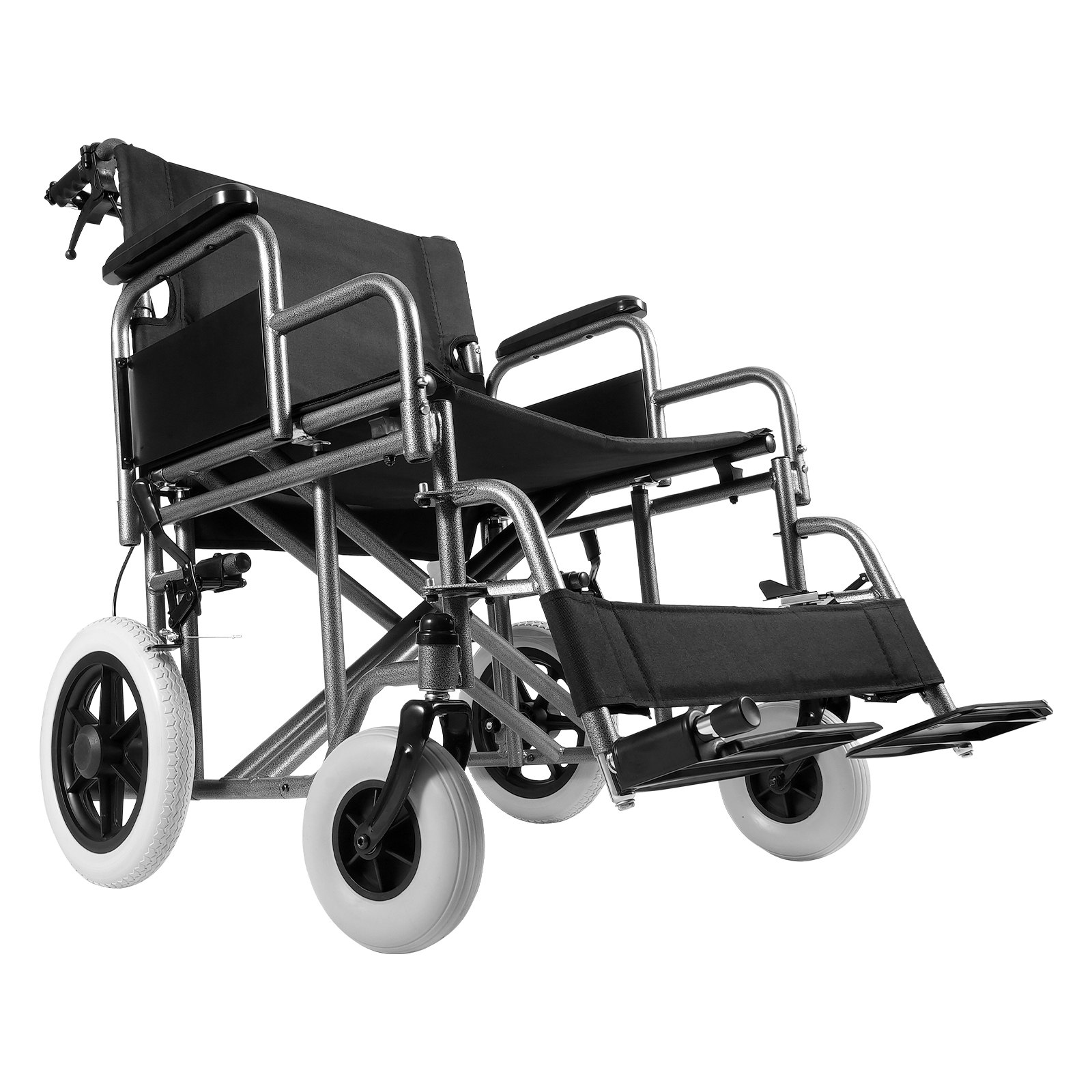 Start2Finish VEVOR wheelchair with 24-inch wide seat, foldable, carbon steel frame, detachable armrests, and self-locking brakes.