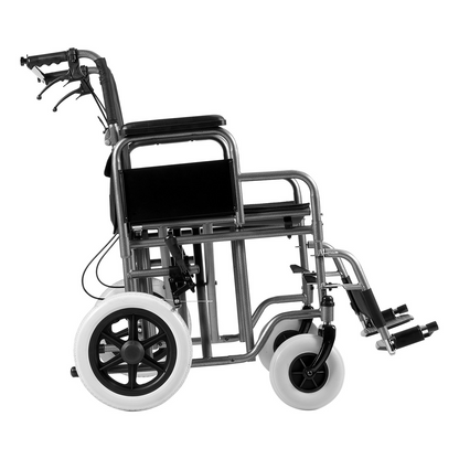 Start2Finish VEVOR foldable wheelchair with 24-inch seat, carbon steel frame, detachable armrests, self-locking brakes, for adults.