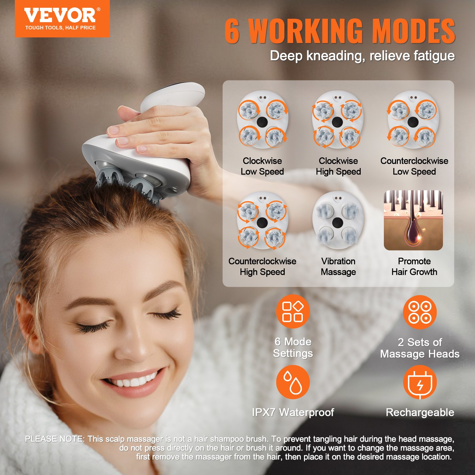 Start2Finish VEVOR electric scalp massager with 8 removable heads, waterproof, rechargeable, for stress relief and hair scalp cleaning.