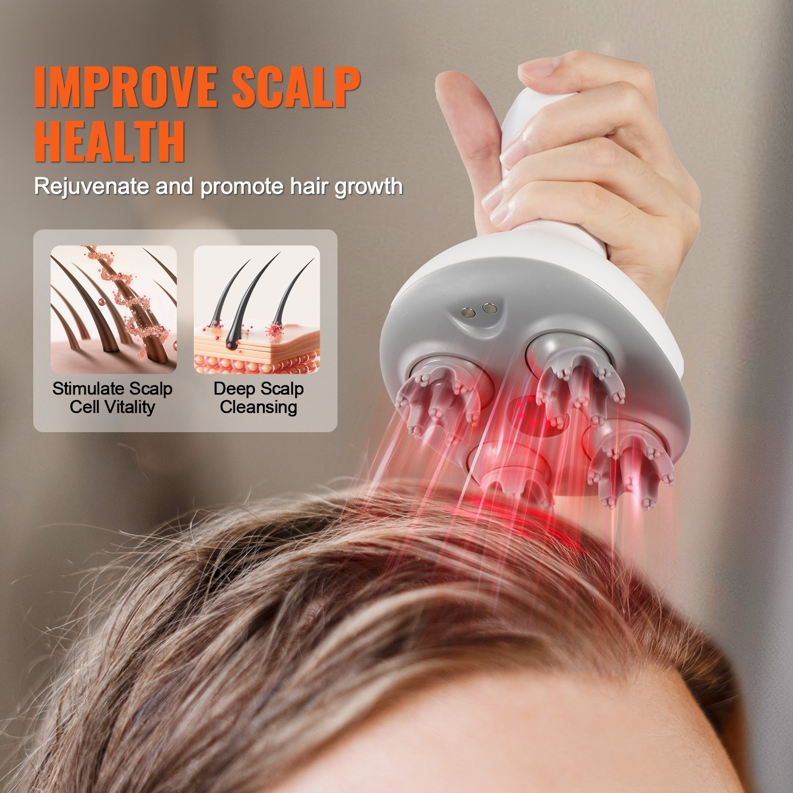 Start2Finish VEVOR electric scalp massager with 8 removable heads, waterproof design, for stress relief and hair care.