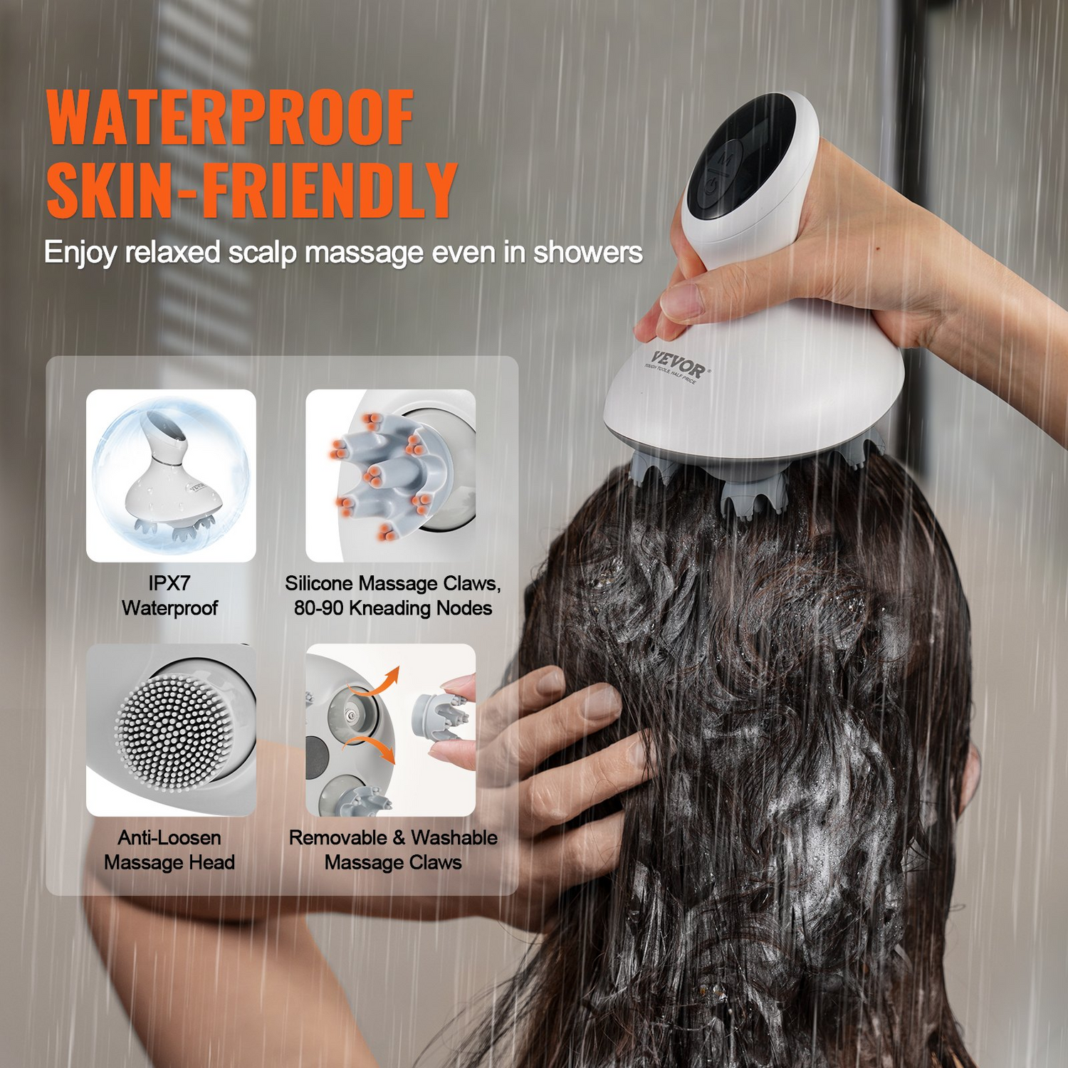 Start2Finish VEVOR electric scalp massager with removable massage heads, waterproof design, for stress relief and hair scalp cleaning.