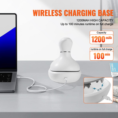 Start2Finish VEVOR electric scalp massager with 8 removable heads, waterproof design, portable head and hair growth massage tool.