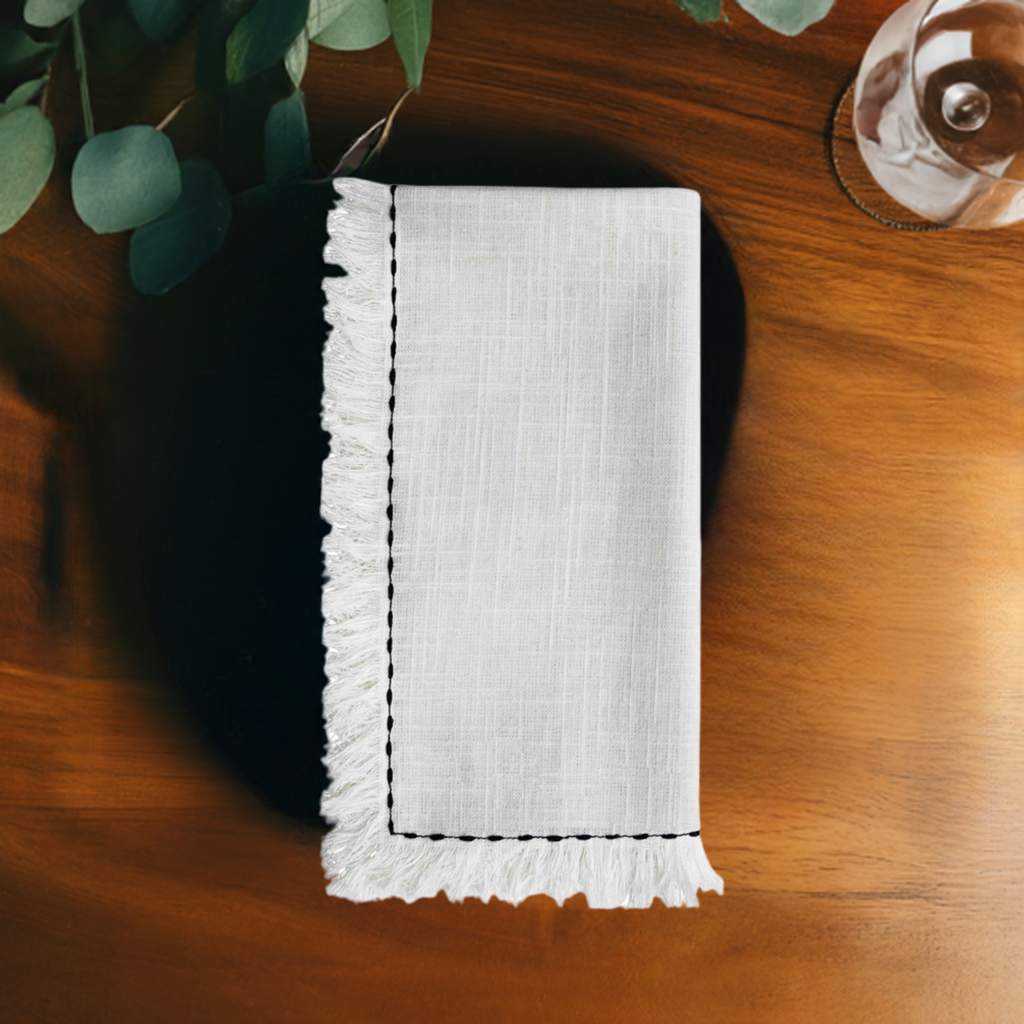 Set of 4 home table cloth napkins with black embroidery by Start2Finish, featuring elegant fabric and detailed stitched design.