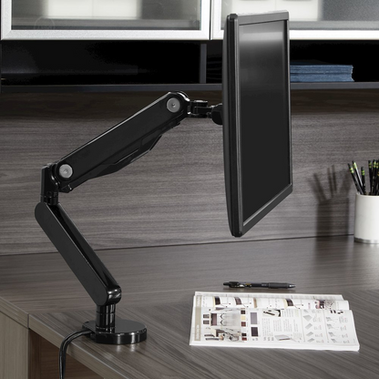 Black Start2Finish single monitor arm with dual USB 3.0 ports, adjustable for ergonomic computer setup.