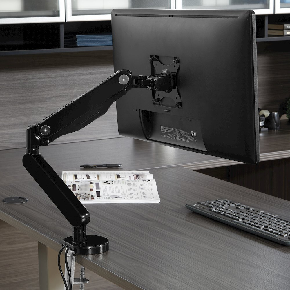 Black Start2Finish single monitor arm with dual USB 3.0 ports, adjustable mount for ergonomic computer setup.