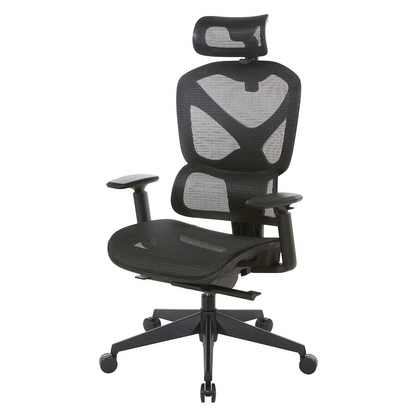 Start2Finish mesh back manager’s chair with adjustable headrest, ergonomic design, and padded armrests for office comfort.