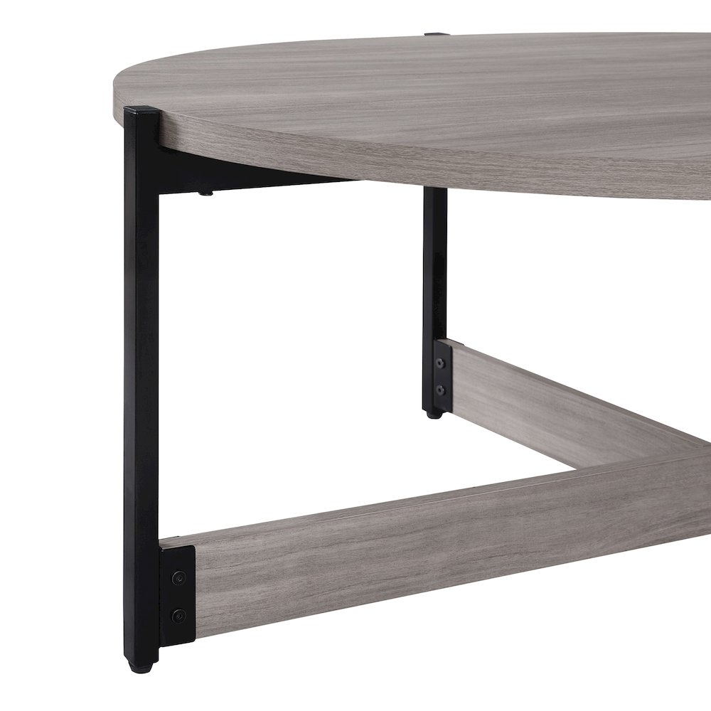 Three-piece grey woodgrain finish occasional table set with black metal legs, modern furniture by Start2Finish.