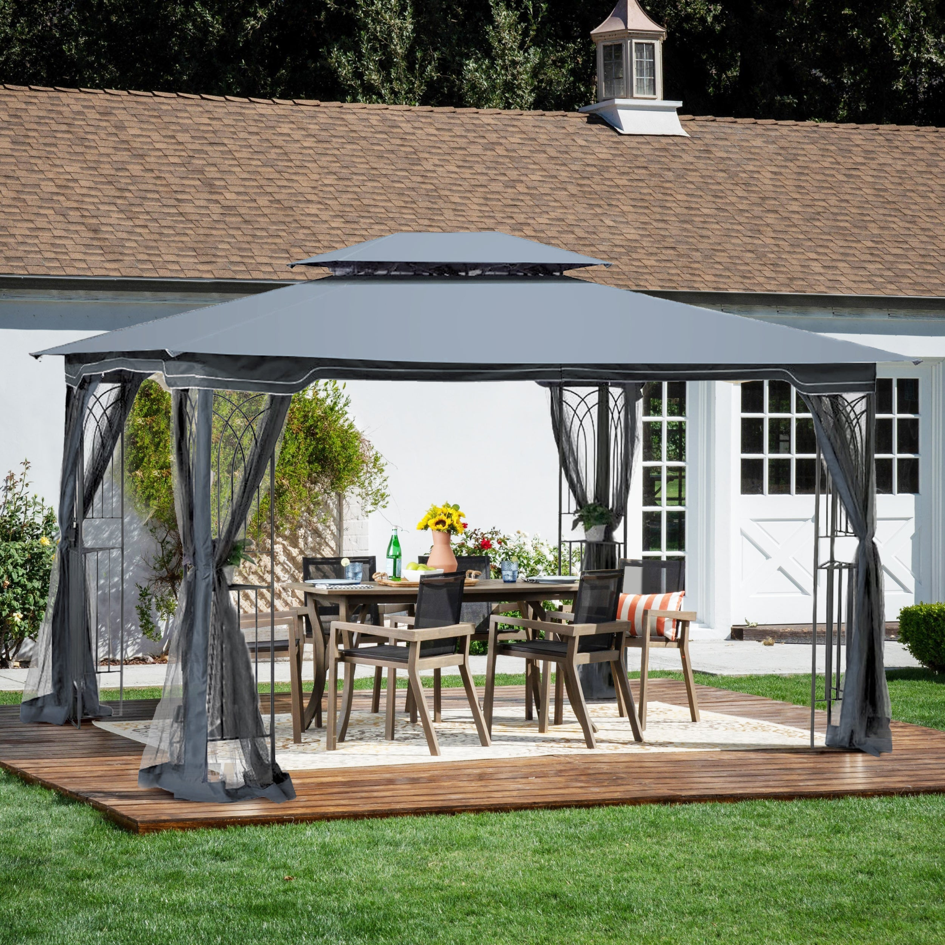 Gray metal outdoor gazebo canopy with roof and storage, ideal for patio and outdoor living spaces, by Start2Finish.
