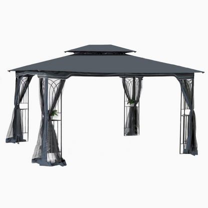 Gray metal outdoor gazebo canopy with roof and storage, perfect for patio and outdoor living spaces by Start2Finish.