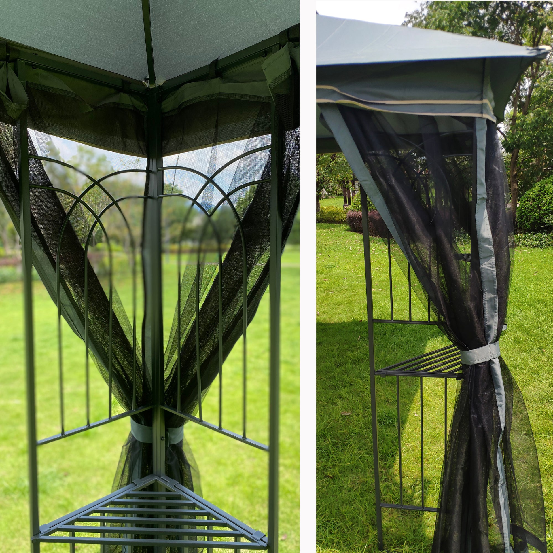 Gray metal outdoor gazebo canopy with roof and storage, perfect for patio and outdoor living areas.