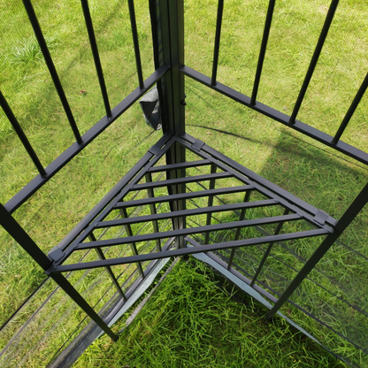 Gray metal outdoor gazebo canopy with roof, side panels, and storage for patio and outdoor living by Start2Finish.