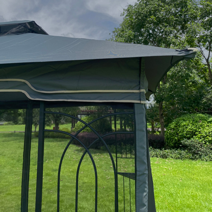 Gray metal outdoor gazebo canopy with roof and storage, ideal for patio and outdoor living spaces by Start2Finish.