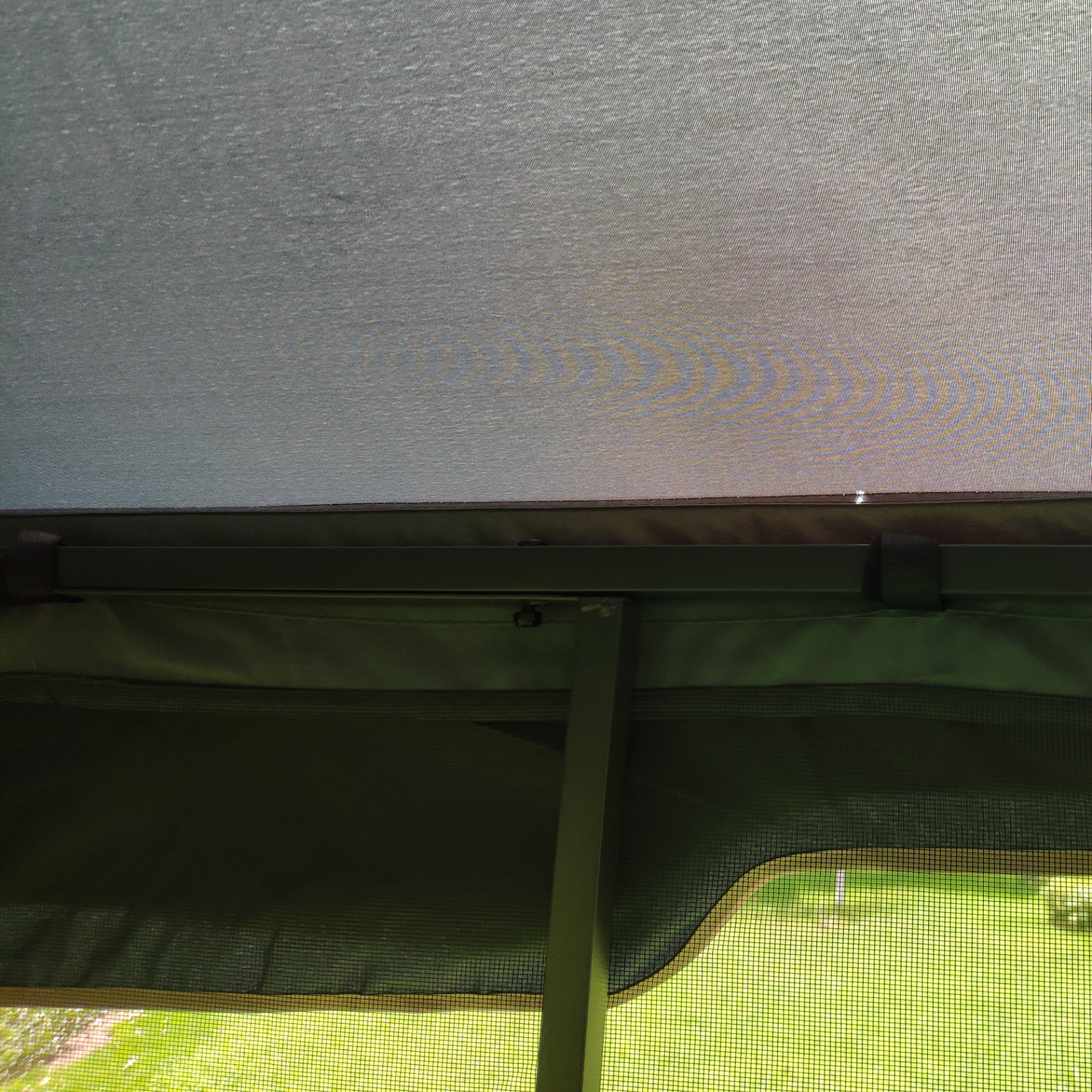 Gray metal outdoor gazebo canopy with roof and storage for patio and outdoor living by Start2Finish, shown with open sides and sturdy frame.