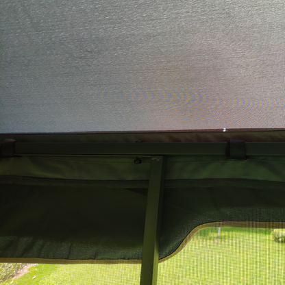Gray metal outdoor gazebo canopy with roof and storage for patio and outdoor living by Start2Finish, shown with open sides and sturdy frame.