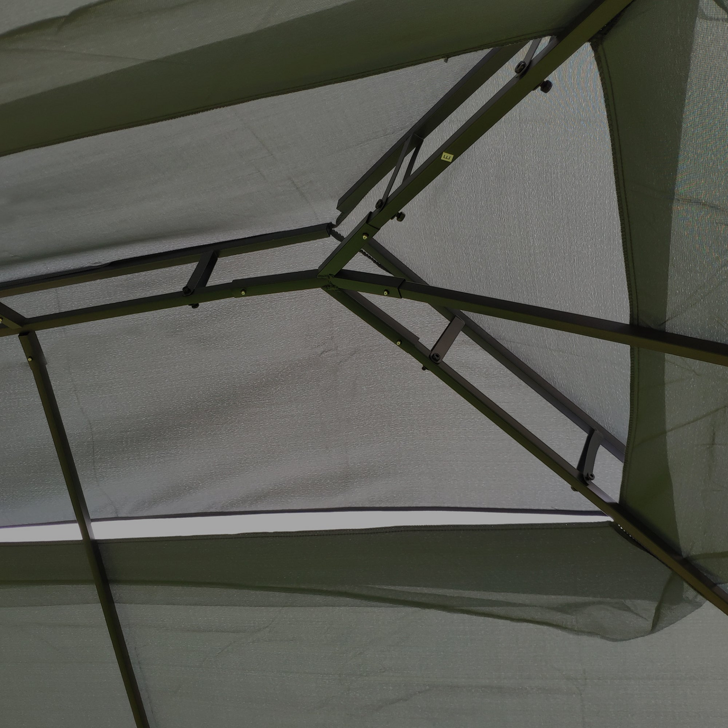 Gray metal outdoor gazebo canopy with roof and storage, ideal for patio and outdoor living spaces.